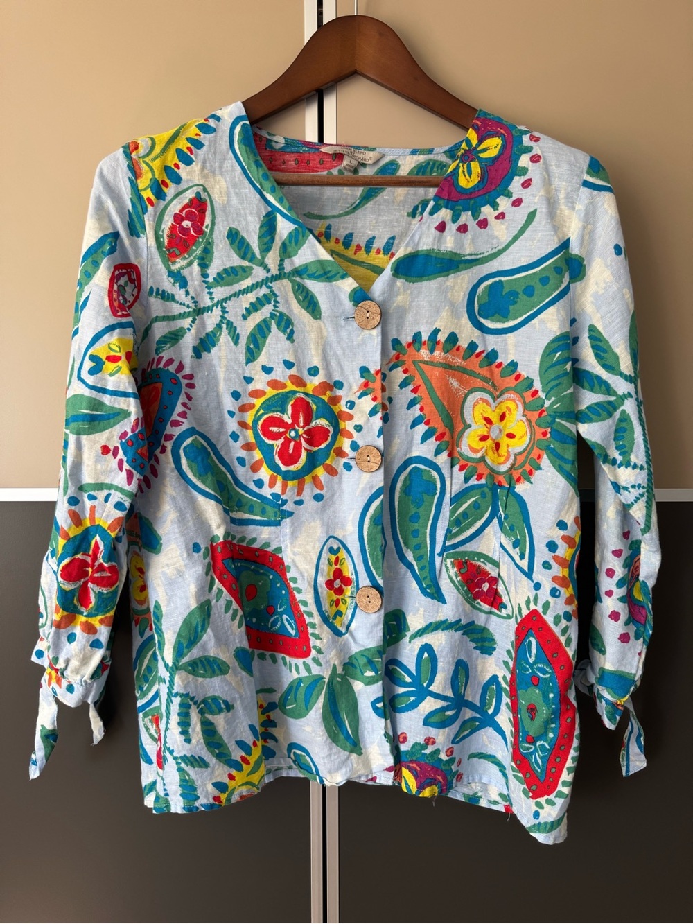 Hester & Orchard Anthropologie Womens L Blue Floral Paisley Linen Blend Blouse - Picture 2 of 8